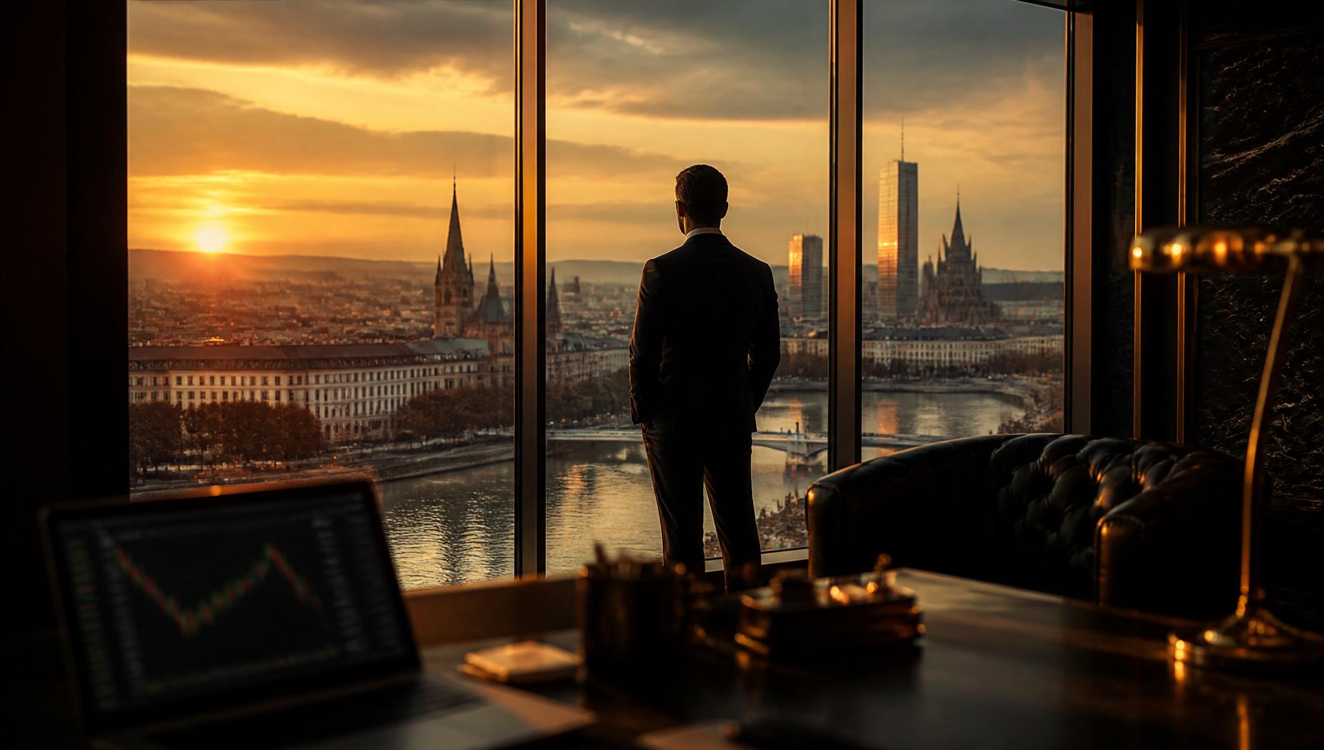 Private Investment Council · Blick auf europäisches Finanzzentrum bei Sonnenuntergang